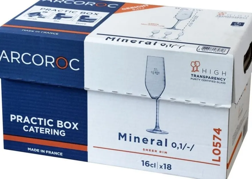 Arcoroc Mineral Sektglas 16 cl mit Füllstrich bei 0,1 l, 18er Catering-Box