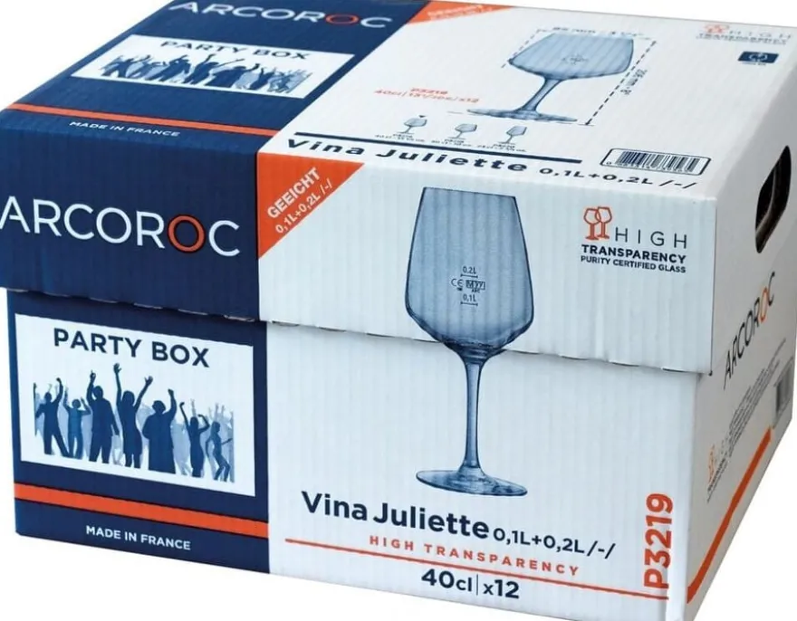 Arcoroc V. Juliette Weinkelch 40 cl mit Füllstrich bei 0,1 und 0,2 l, 12er Party Box