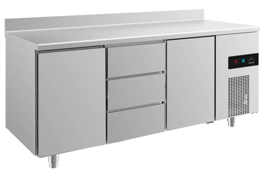 A&S Kühltisch -2 bis +8°C 1865x700x850mm mit 2x Türen und 1x drei Schubladen u. Aufkantung (3TDTA)
