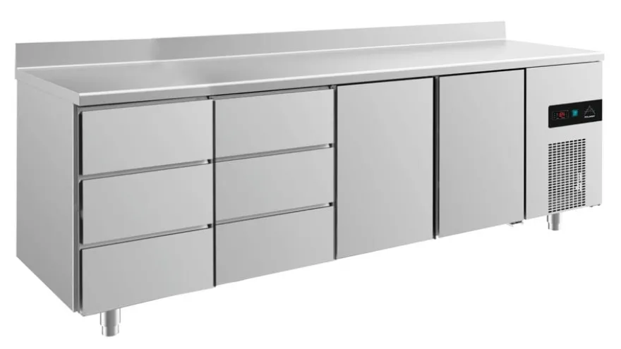 A&S Kühltisch -2 bis +8°C 2330x700x850mm mit 2x Türen und 2x drei Schubladen u. Aufkantung (4DDTTA)