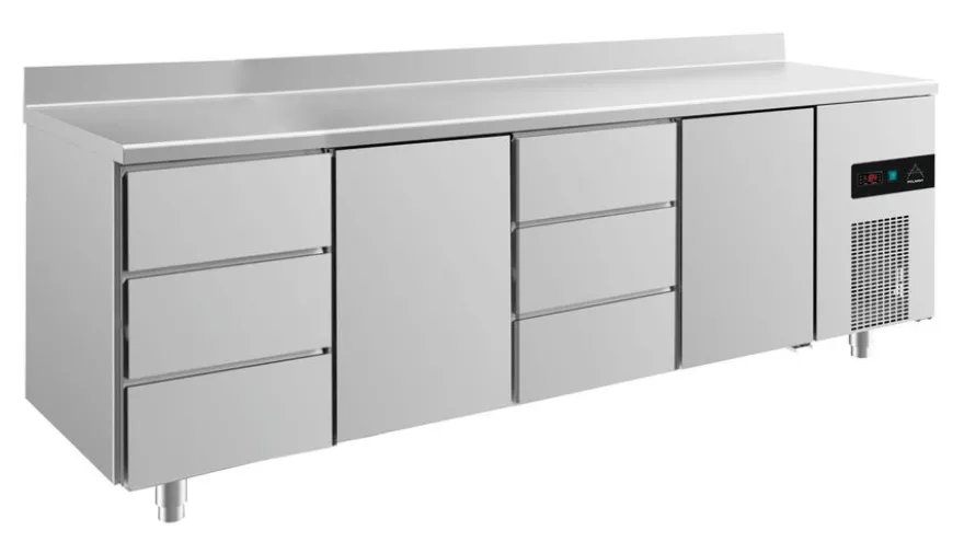 A&S Kühltisch -2 bis +8°C 2330x700x850mm mit 2x Türen und 2x drei Schubladen u. Aufkantung (4DTDTA)