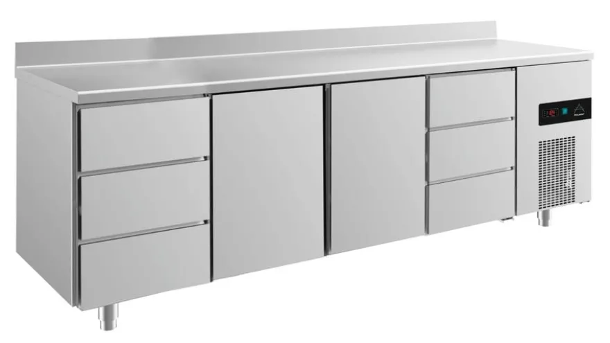 A&S Kühltisch -2 bis +8°C 2330x700x850mm mit 2x Türen und 2x drei Schubladen u. Aufkantung (4DTTDA)