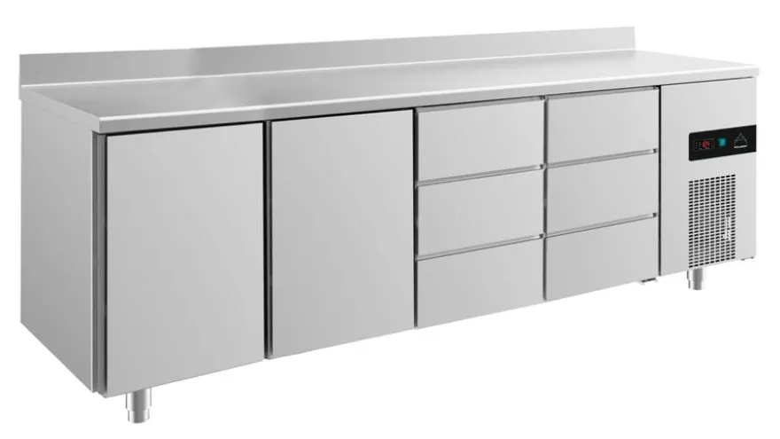 A&S Kühltisch -2 bis +8°C 2330x700x850mm mit 2x Türen und 2x drei Schubladen u. Aufkantung (4TTDDA)