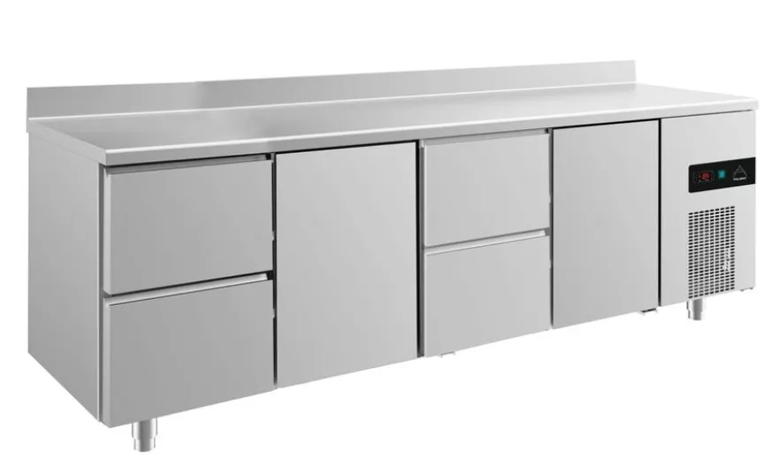 A&S Kühltisch -2 bis +8°C 2330x700x850mm mit 2x Türen und 2x zwei Schubladen u. Aufkantung (4ZTZTA)