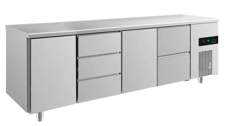 A&S Kühltisch -2 bis +8°C 2330x700x850mm mit 2x Türen, 1x zwei Schubladen und 1x 3 Schubladen (4TDTZ)