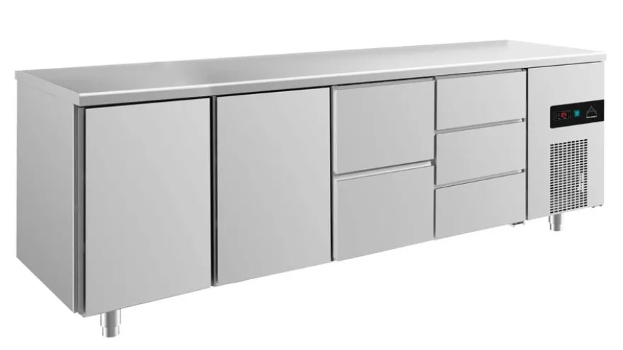 A&S Kühltisch -2 bis +8°C 2330x700x850mm mit 2x Türen, 1x zwei Schubladen und 1x 3 Schubladen (4TTZD)