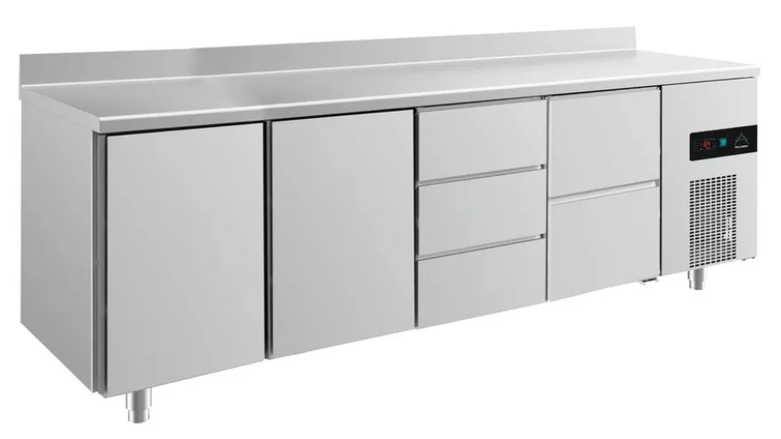 A&S Kühltisch -2 bis +8°C 2330x700x850mm mit 2x Türen, 1x zwei Schubladen und 1x 3 Schubladen u. Aufkantung (4TTDZA)