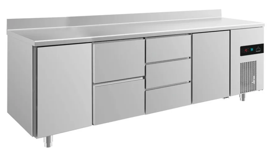 A&S Kühltisch -2 bis +8°C 2330x700x850mm mit 2x Türen, 1x zwei Schubladen und 1x 3 Schubladen u. Aufkantung (4TZDTA)