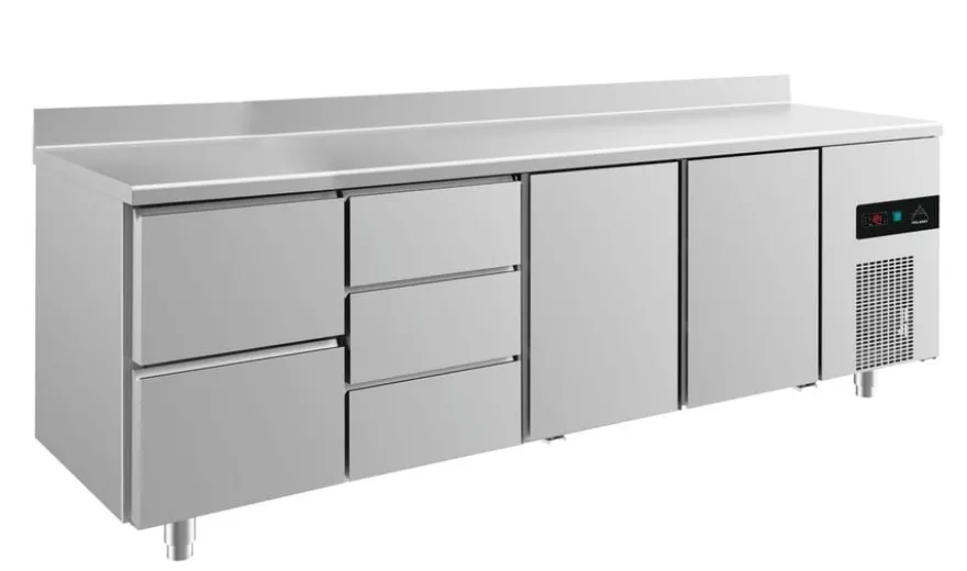 A&S Kühltisch -2 bis +8°C 2330x700x850mm mit 2x Türen, 1x zwei Schubladen und 1x 3 Schubladen u. Aufkantung (4ZDTTA)