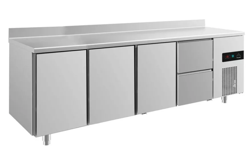 A&S Kühltisch -2 bis +8°C 2330x700x850mm mit 3x Türen und 1x zwei Schubladen u. Aufkantung (4TTTZA)