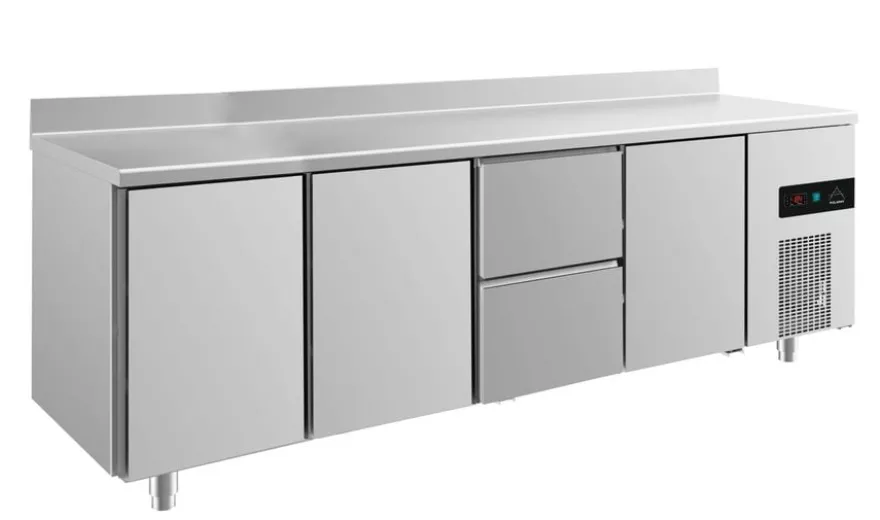 A&S Kühltisch -2 bis +8°C 2330x700x850mm mit 3x Türen und 1x zwei Schubladen u. Aufkantung (4TTZTA)