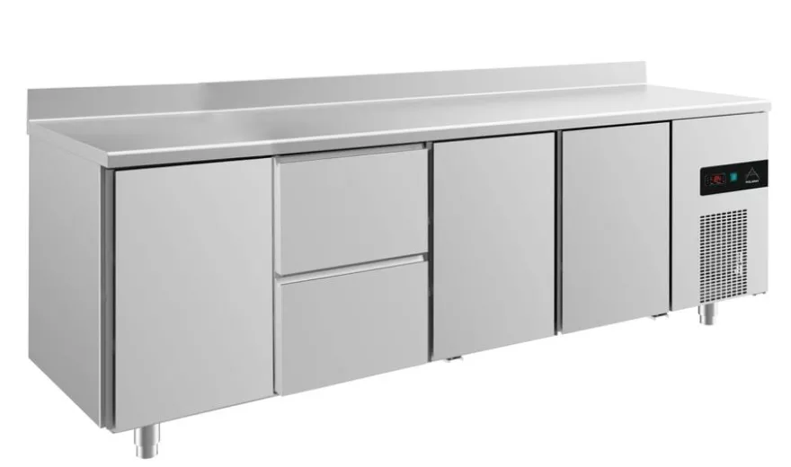 A&S Kühltisch -2 bis +8°C 2330x700x850mm mit 3x Türen und 1x zwei Schubladen u. Aufkantung (4TZTTA)