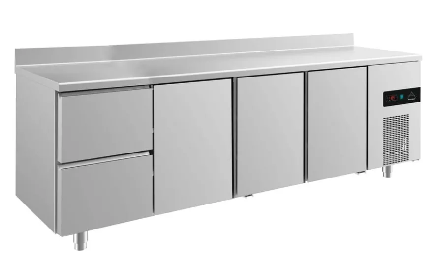 A&S Kühltisch -2 bis +8°C 2330x700x850mm mit 3x Türen und 1x zwei Schubladen u. Aufkantung (4ZTTTA)