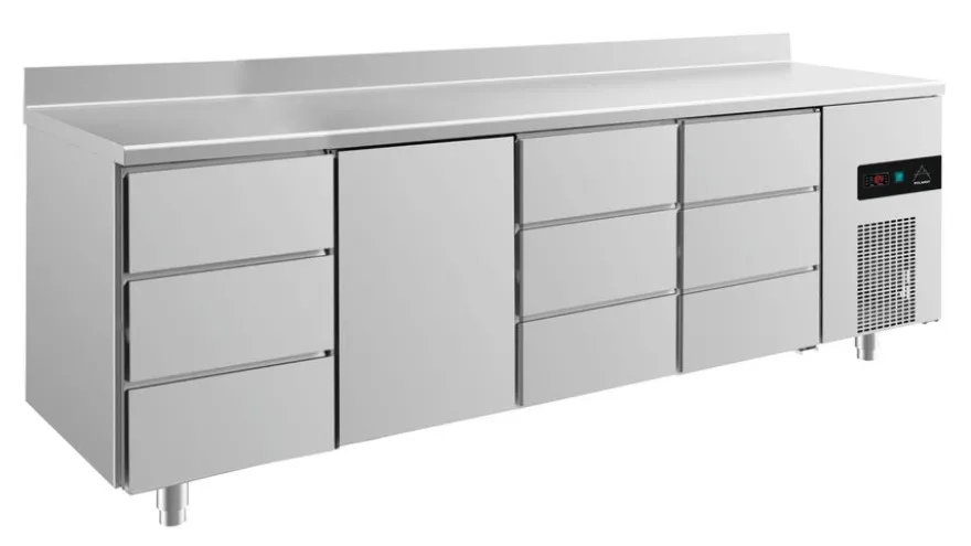 A&S Kühltisch -2 bis +8°C 2330x700x850mm mit 1x Tür und 3x drei Schubladen u. Aufkantung (4DTDDA)