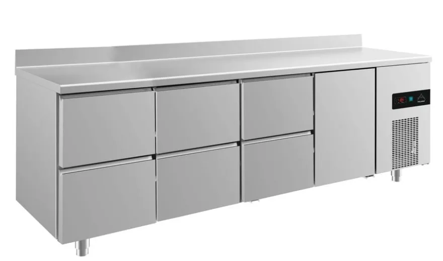 A&S Kühltisch -2 bis +8°C 2330x700x850mm mit 1x Tür und 3x zwei Schubladen u. Aufkantung (4ZZZTA)