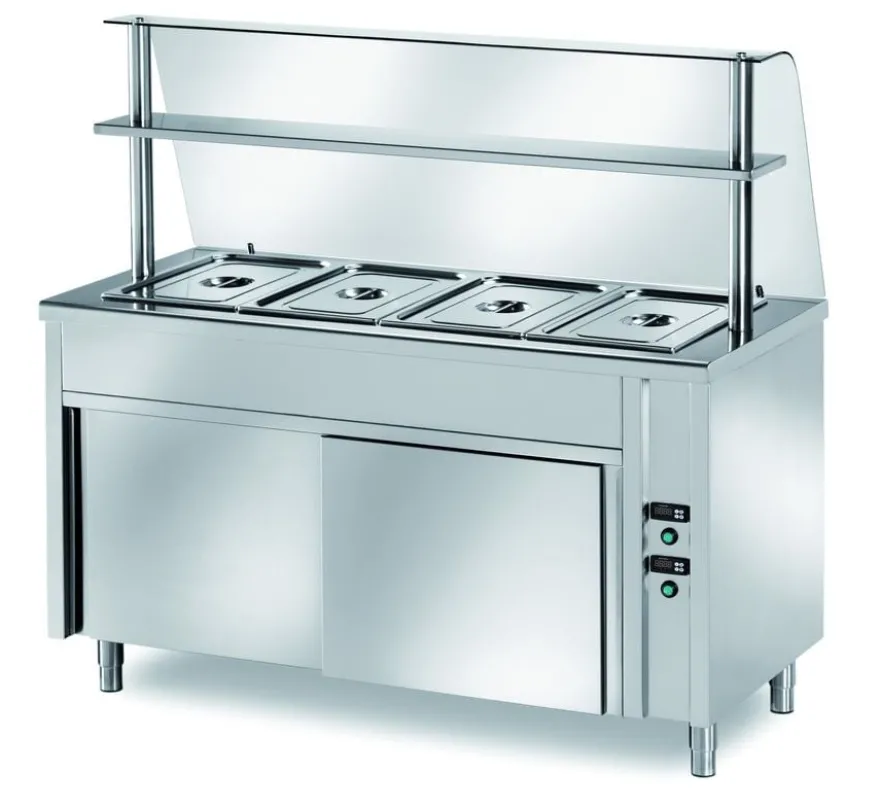 Ausgabe Warmhaltetisch PROFI belüftet mit Schiebetüren und Glasaufsatz 1500x700x1400 - 4x GN 1/1