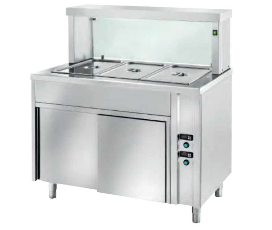 Ausgabe Warmhaltetisch PROFI belüftet mit Schiebetüren und eckigem Glasaufsatz 1200x700x1300 - 3GN1/1