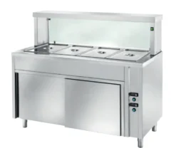 Ausgabe Warmhaltetisch PROFI belüftet mit Schiebetüren und eckigem Glasaufsatz 1500x700x1300 - 4GN1/1