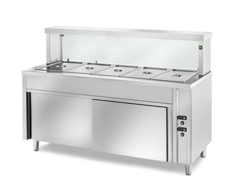 Ausgabe Warmhaltetisch PROFI belüftet mit Schiebetüren und eckigem Glasaufsatz 2000x700x1300 - 5GN1/1