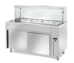 Ausgabe Warmhaltetisch PROFI neutral mit Schiebetüren und eckigem Glasaufsatz 1500x700x1300