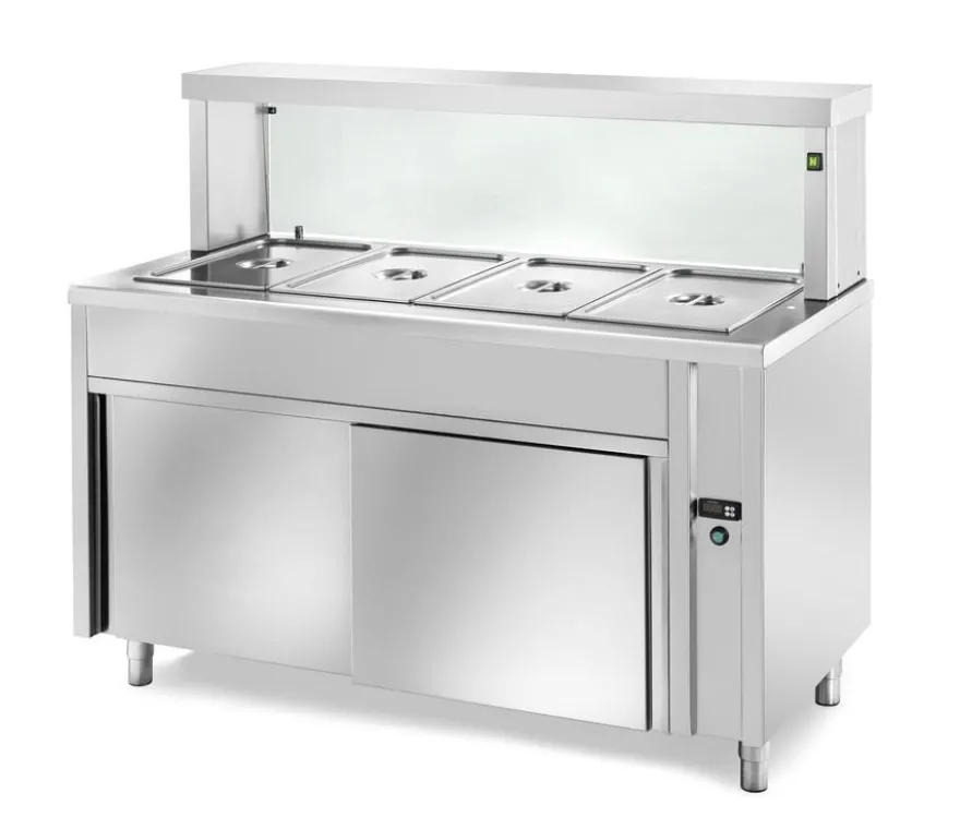Ausgabe Warmhaltetisch PROFI neutral mit Schiebetüren und eckigem Glasaufsatz 2000x700x1300