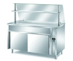 Ausgabe Warmhaltetisch PROFI neutral mit Schiebetüren, geheizter Oberplatte und Glasaufsatz 2000x700x1400