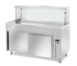 Ausgabe Warmhaltetisch PROFI neutral mit Schiebetüren, geheizter Oberplatte und eckigem Glasaufsatz 1200x700x1300