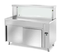 Ausgabe Warmhaltetisch PROFI neutral mit Schiebetüren, geheizter Oberplatte und eckigem Glasaufsatz 1500x700x1300