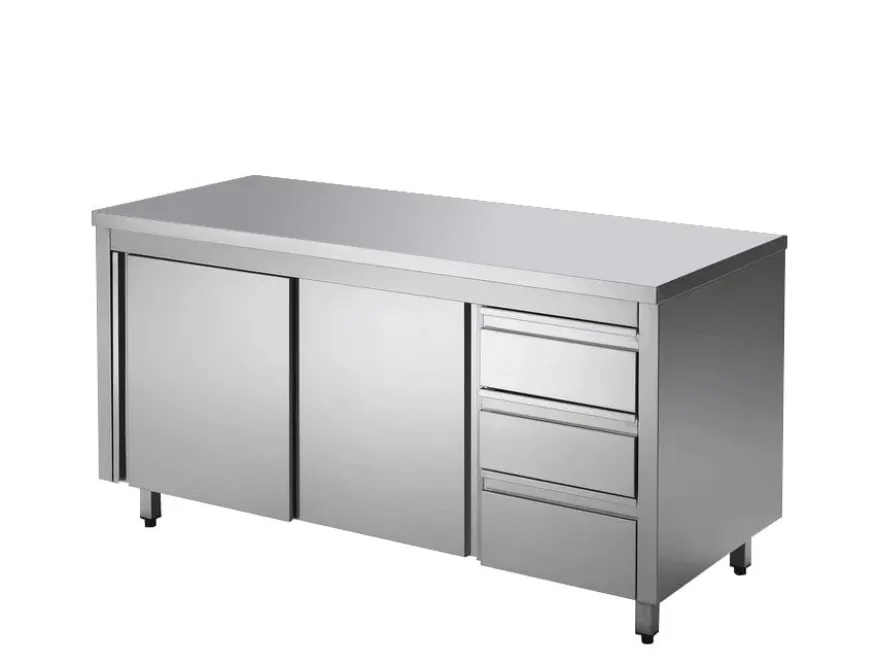 Edelstahl-Arbeitsschrank ECO mit Schiebetür und 3 Schubladen 20x7