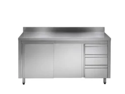 Edelstahl-Arbeitsschrank ECO mit Flügeltür und 3 Schubladen 14x7 mit Aufkantung