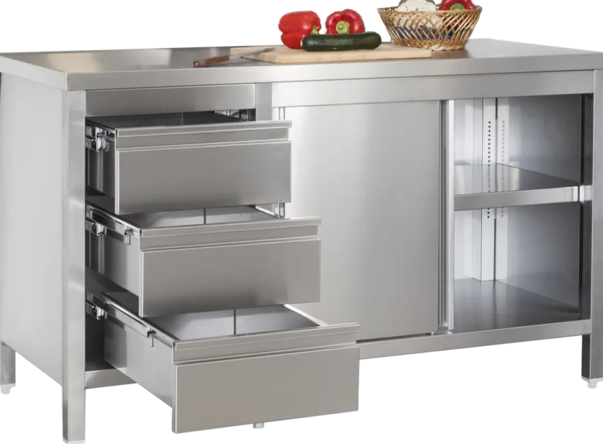 Edelstahl Arbeitsschrank Profi mit Schiebetüren und 3 Schubladen 1800 x 700 x 850 mm