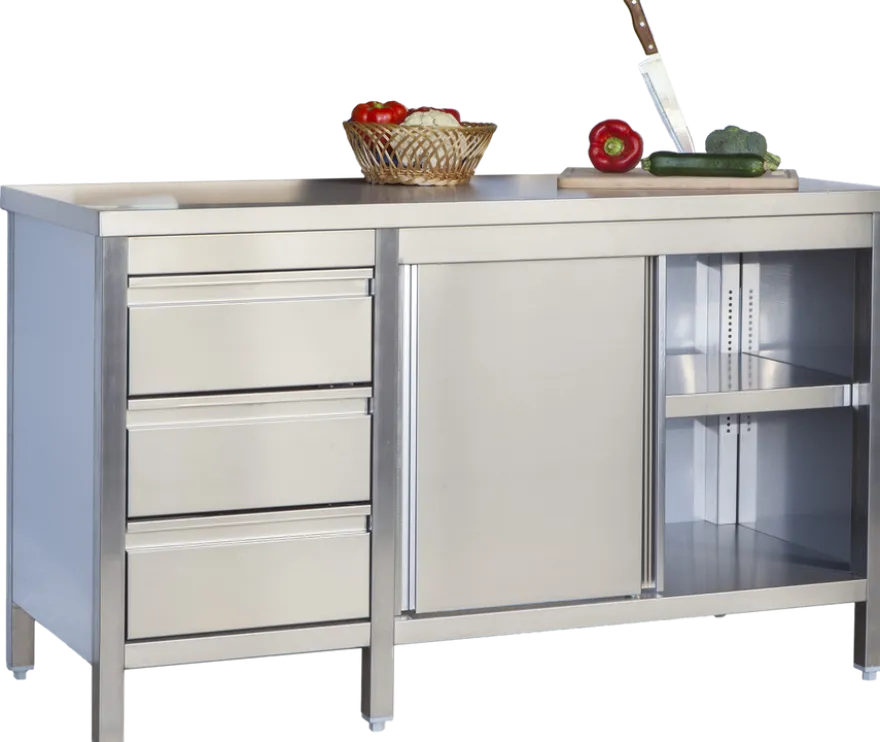 Edelstahl Arbeitsschrank Profi mit Schiebetüren und 3 Schubladen 1800 x 700 x 850 mm