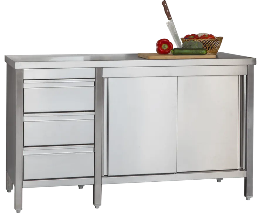 Edelstahl Arbeitsschrank Profi mit Schiebetüren und 3 Schubladen 1800 x 700 x 850 mm