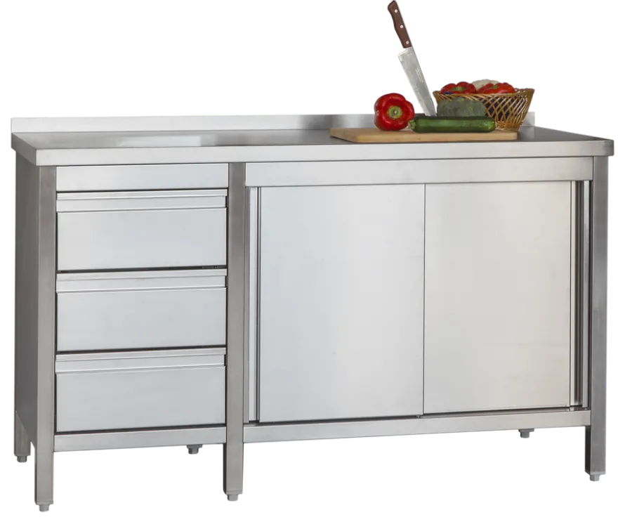 Edelstahl Arbeitsschrank Profi mit Flügeltüren - Aufkantung und 3 Schubladen 1000 x 700 x 850 mm