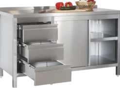 Edelstahl Arbeitsschrank Profi mit Schiebetüren- Aufkantung und 3 Schubladen 1600 x 600 x 850 mm