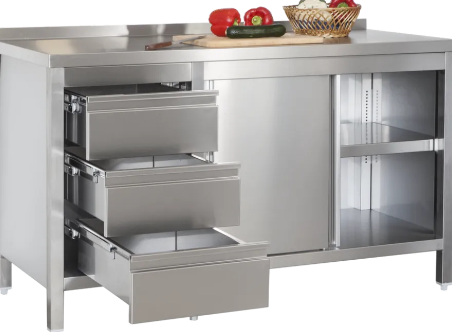 Edelstahl Arbeitsschrank Profi mit Schiebetüren- Aufkantung und 3 Schubladen 1600 x 600 x 850 mm