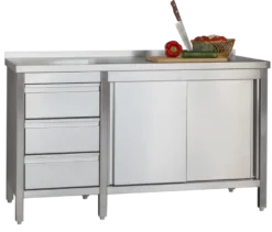 Edelstahl Arbeitsschrank Profi mit Schiebetüren- Aufkantung und 3 Schubladen 1600 x 600 x 850 mm