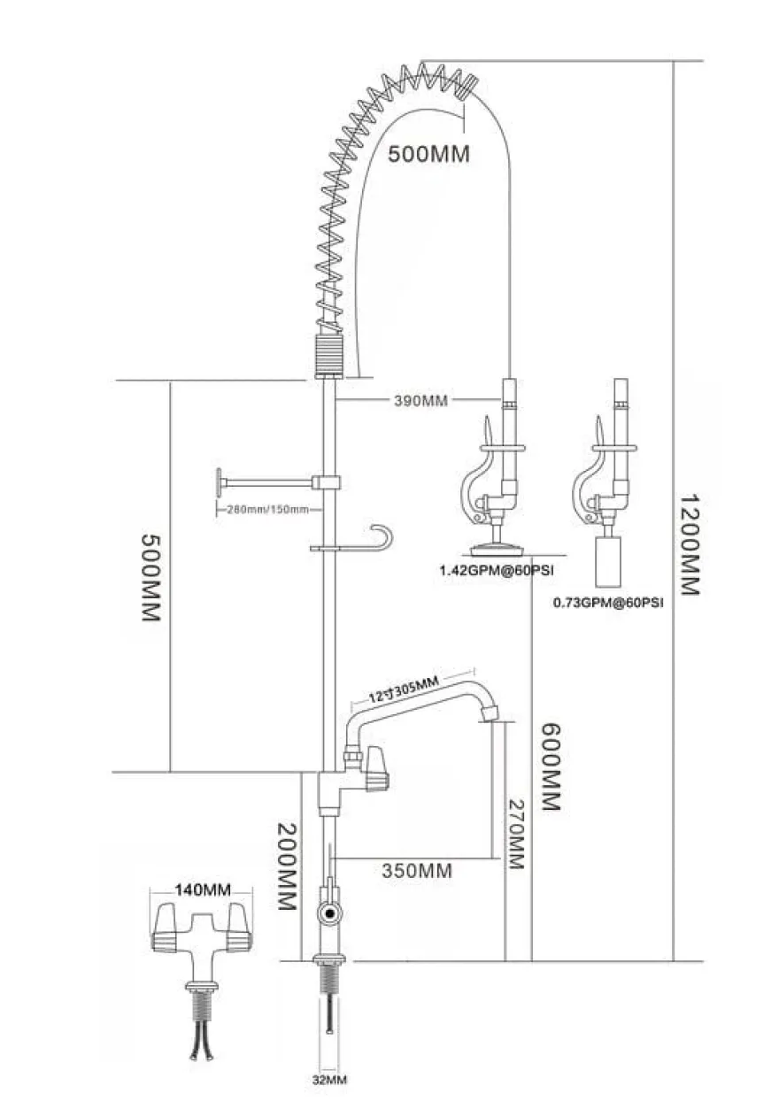 Einloch-Geschirrwaschbrause mit Mischbatterie und separatem Schwenkhahn - 1.200 mm
