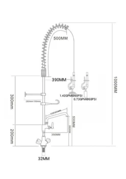 Einloch-Geschirrwaschbrause mit verstellbarer Säule, Mischbatterie und Schwenkhahn - 1.000 mm