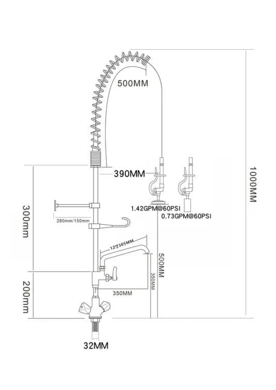 Einloch-Geschirrwaschbrause mit verstellbarer Säule, Mischbatterie und Schwenkhahn - 1.000 mm