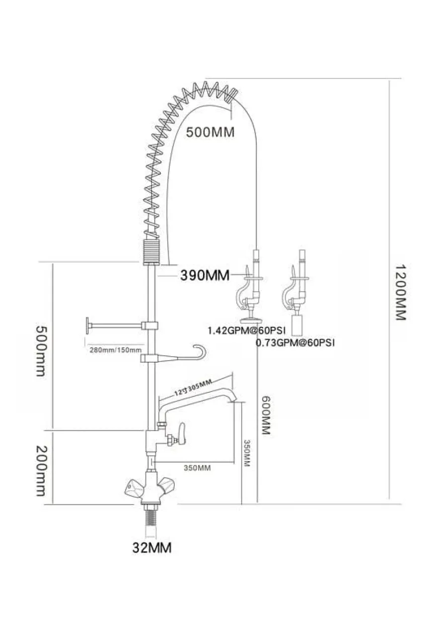 Einloch-Geschirrwaschbrause mit verstellbarer Säule, Mischbatterie und Schwenkhahn - 1.200 mm
