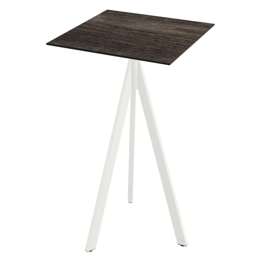 Feros Infinity Tripod Stehtisch Weiß frame + Riverwashed Wood HPL 70x70 cm
