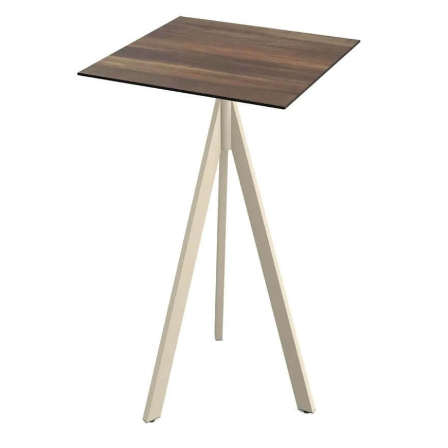 Feros Infinity Tripod Stehtisch Sand frame + Tropical Wood HPL 70x70 cm