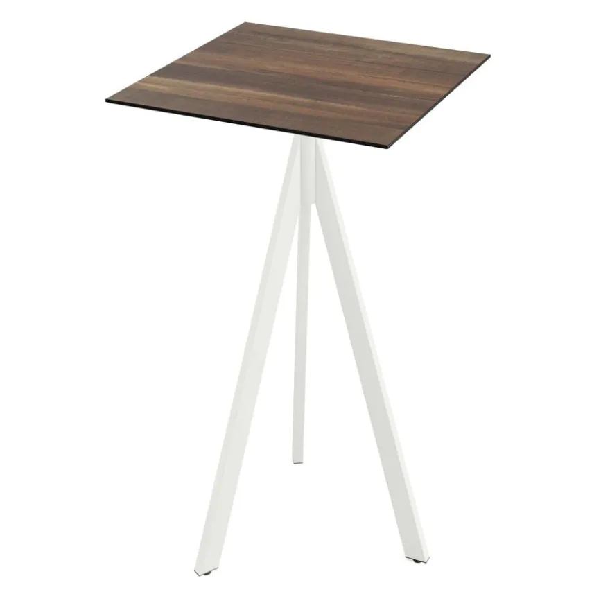 Feros Infinity Tripod Stehtisch Weiß frame + Tropical Wood HPL 70x70 cm