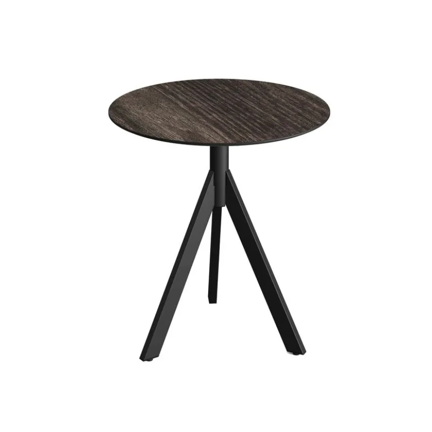 Feros Infinity Tripod Terrassentisch Schwarz frame + Riverwashed Wood HPL Ø70 cm