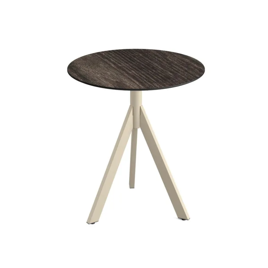 Feros Infinity Tripod Terrassentisch Sand frame + Riverwashed Wood HPL Ø70 cm