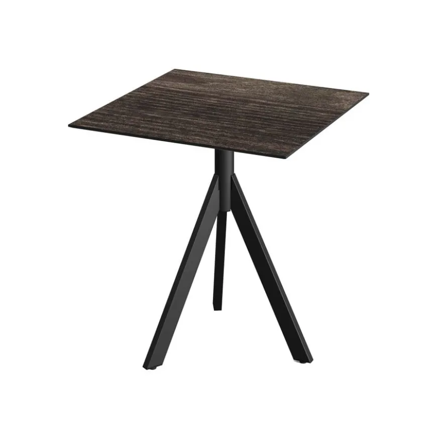 Feros Infinity Tripod Terrassentisch Schwarz frame + Riverwashed Wood HPL 70x70 cm