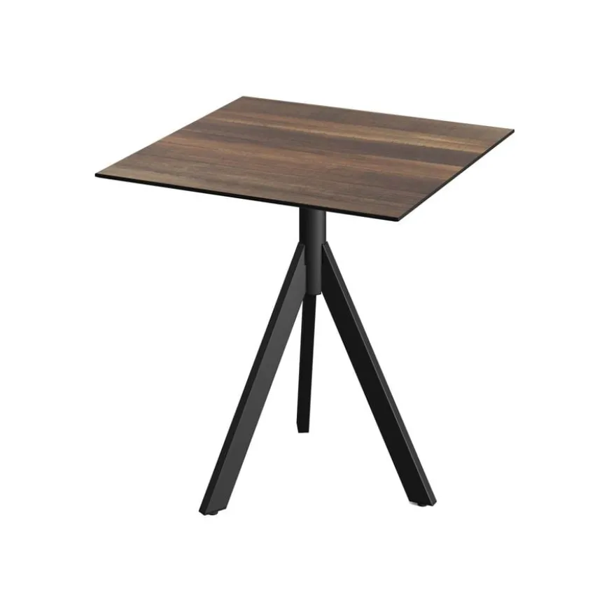 Feros Infinity Tripod Terrassentisch Schwarz frame + Tropical Wood HPL 70x70 cm
