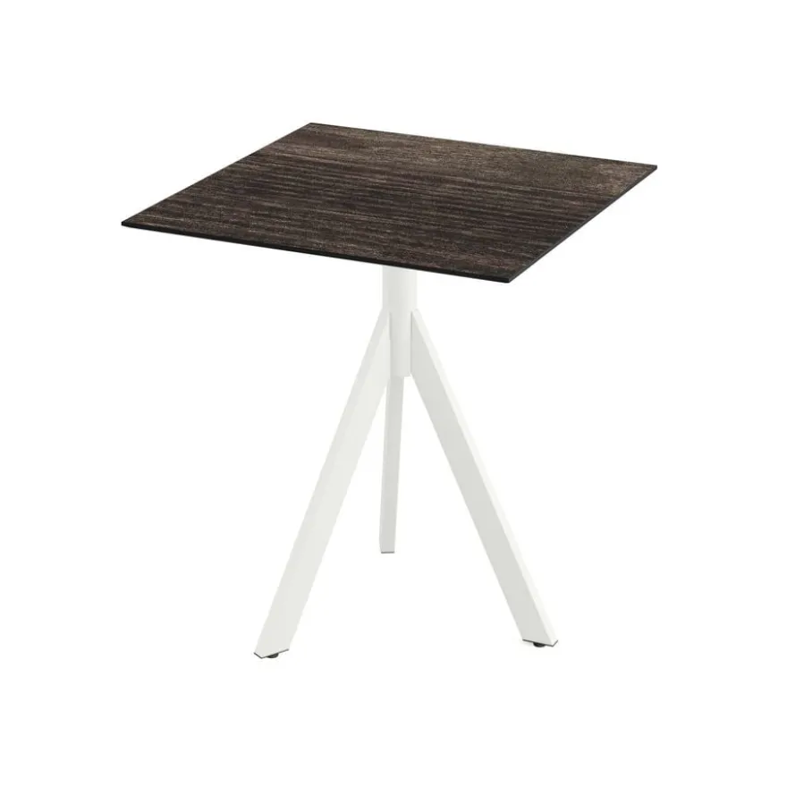 Feros Infinity Tripod Terrassentisch Weiß frame + Riverwashed Wood HPL 70x70 cm