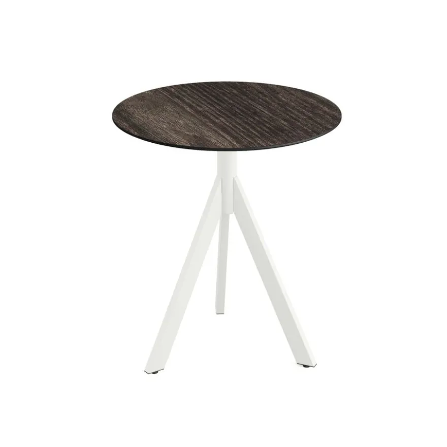 Feros Infinity Tripod Terrassentisch Weiß frame + Riverwashed Wood HPL Ø70 cm